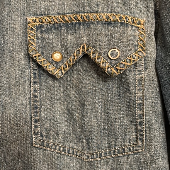 Lucky Legend western denim shirt jacket XL pearl snap embroidered toothsaw - Picture 3 of 8